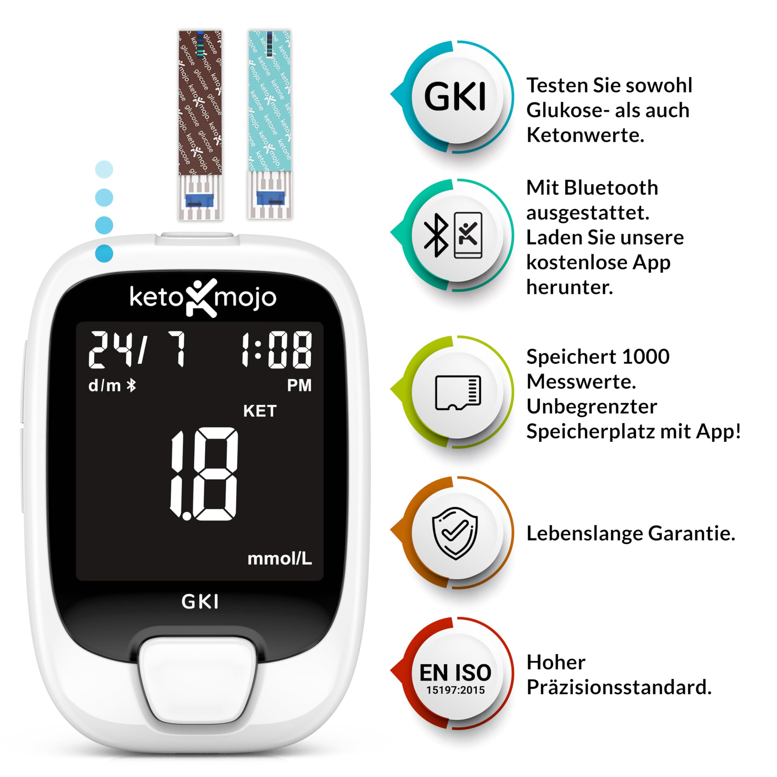 KETO-MOJO GKI Bluetooth Glukose- und Keton-Testkit (mmol/L) + kostenlose APP für Ketose- und Diabetes-Management. 20 Blutteststreifen (je 10), Messgerät, 20 Lanzetten, Stechhilfe und Kontrolllösungen