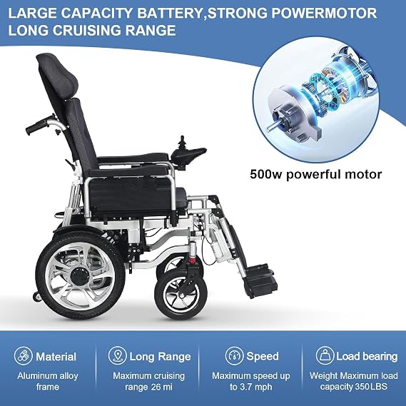 Reclining Electric Wheelchair for Adults,Heavy Duty Electric Wheelchair,Portable Folding Carry Wheelchair,Comfortable Remote Control Mobility Aid-Adjustable Backrest and Pedal-15 Mile Range