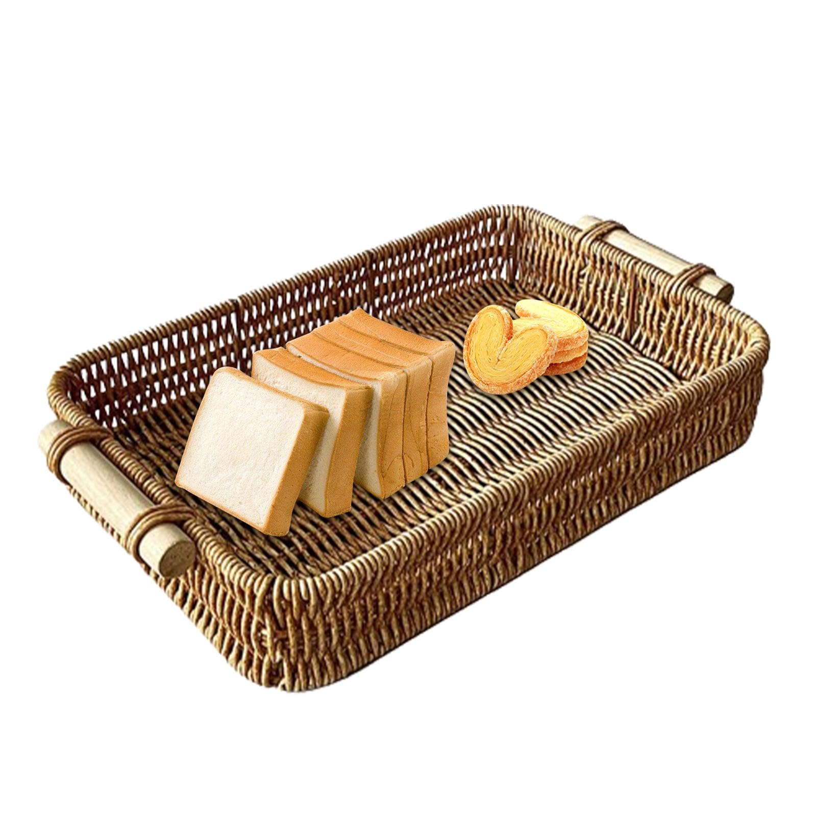 Bandeja de mimbre tejida para servir, bandeja rectangular hecha a mano con asas, almacenamiento decorativo para baño, cocina o sala de estar, perfecta para decorar y exhibir