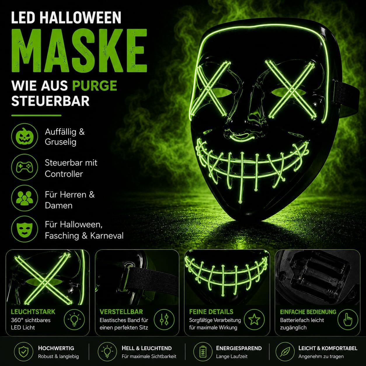TK Gruppe Timo Klingler LED Grusel grün Maske - wie aus Purge steuerbar, leuchtend für Halloween… – Ansicht 5