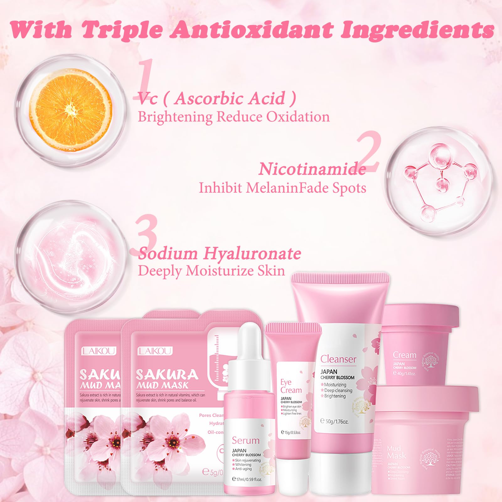 wimony Skincare Gifts for Teenage Girls 7PCS Natural Cherry Blossom Skincare Gift Set - Image 2