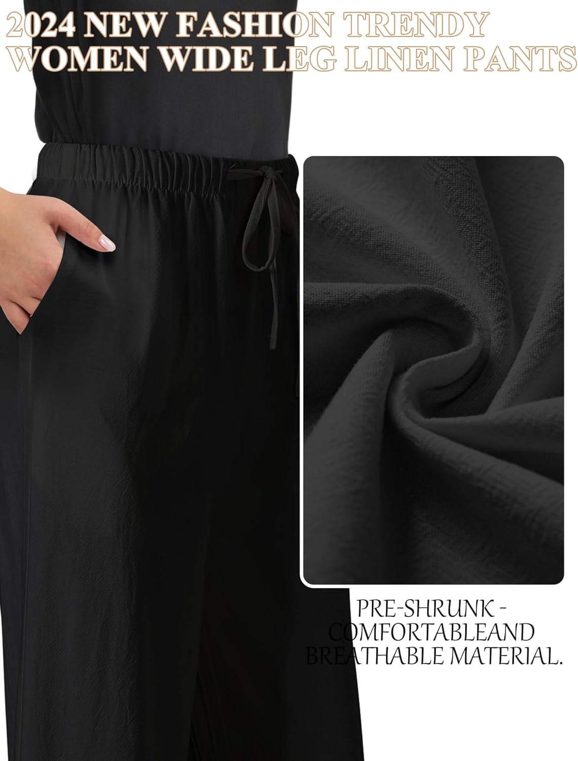 Buauty Plus Size Palazzo Cotton Linen Pants Women Wide Leg Pants Loose Fit Casual Comfy Lounge Flowy High Waist Trousers 2024 Black - Image 3