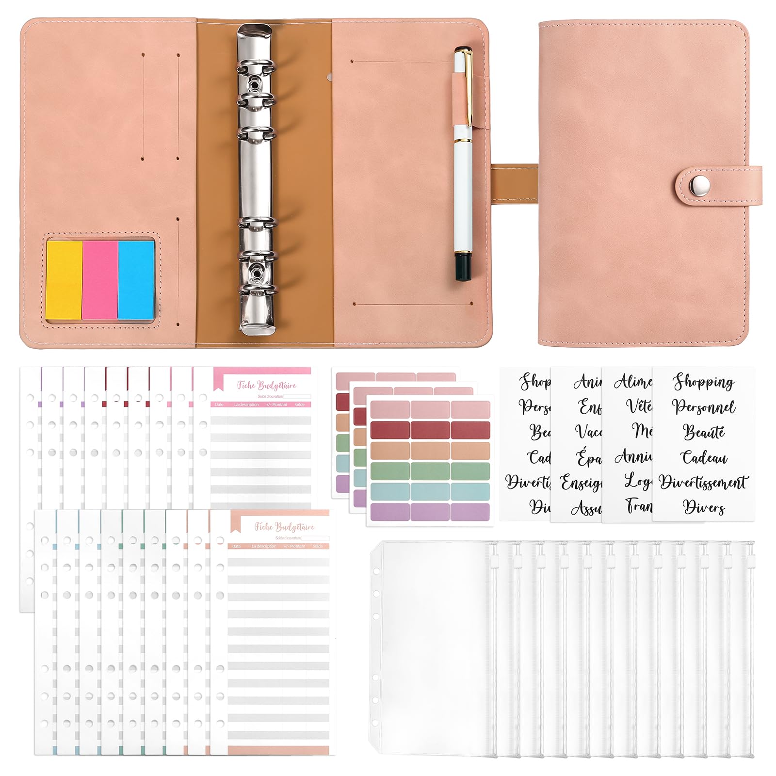 Kesote Enveloppe Budget Français Classeur Budget Planner Carnet Argent 14 Budgets 24 Feuilles 3 Autocollants 54 Étiquettes 1 Stylo A6 Rose