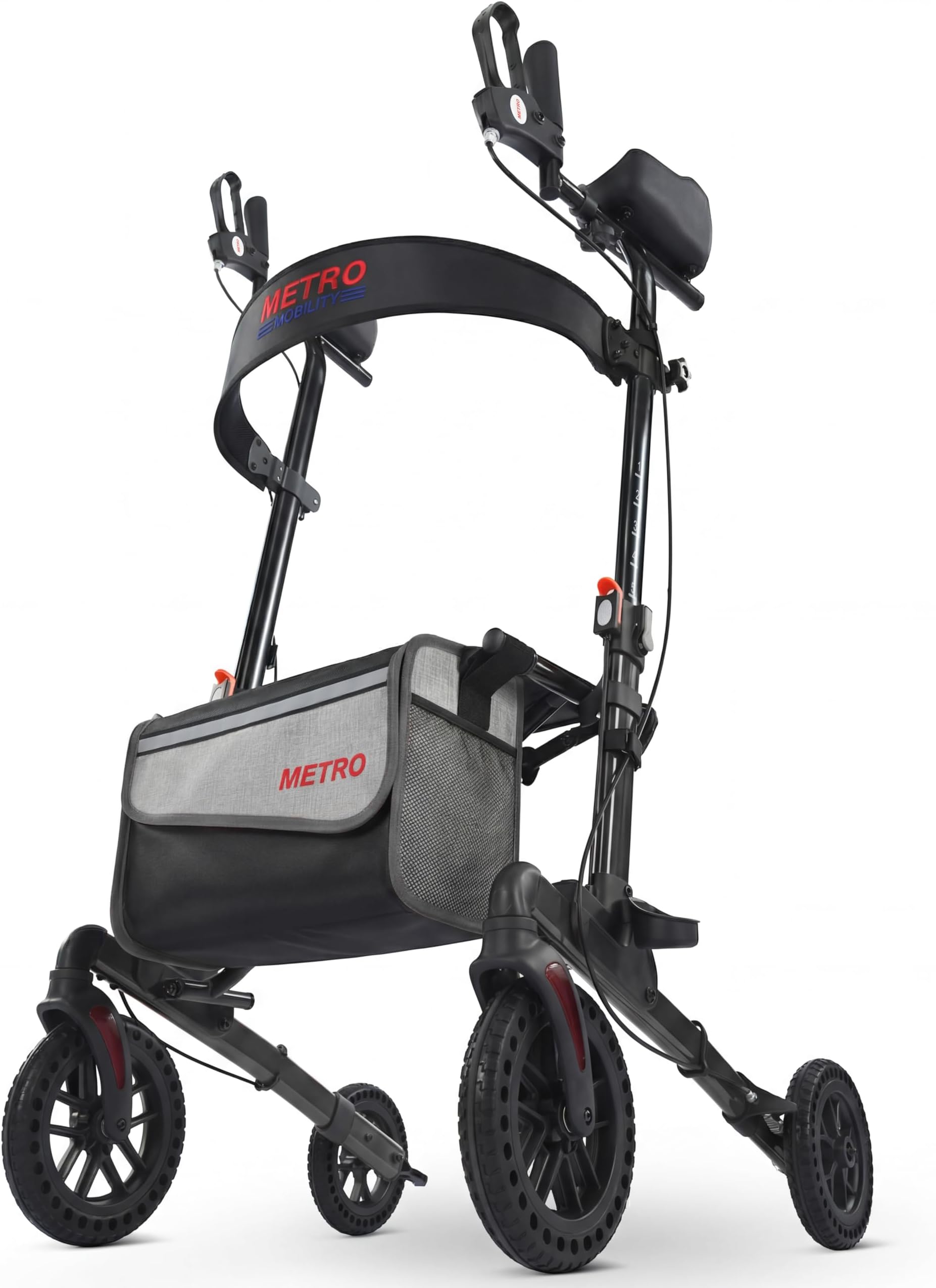 Metro Mobility Rollator Walker with Seat for Seniors, Foldable Lightweight Rolling Walker, 10" Big Front Shock-Absorbing Honeycomb Wheels for All Terrain, 300 lb. Weight Capacity, Black