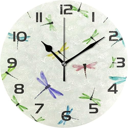 Reloj de pared colorido libélula de 10 pulgadas, silencioso, sin tictac, de cuarzo, funciona con pilas, redondo, digital, fácil de leer, para el