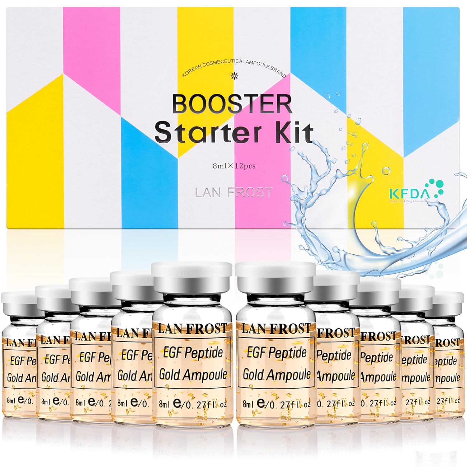 BB Facial Glow Starter Kit Serum Hyaluronic Acid Essence Skin Care Kit, EGF Peptides Gold Ampoule 8 ml 12 Pieces, Facial Treatment Serum Increases Skin Elasticity and Promotes Skin Regeneration