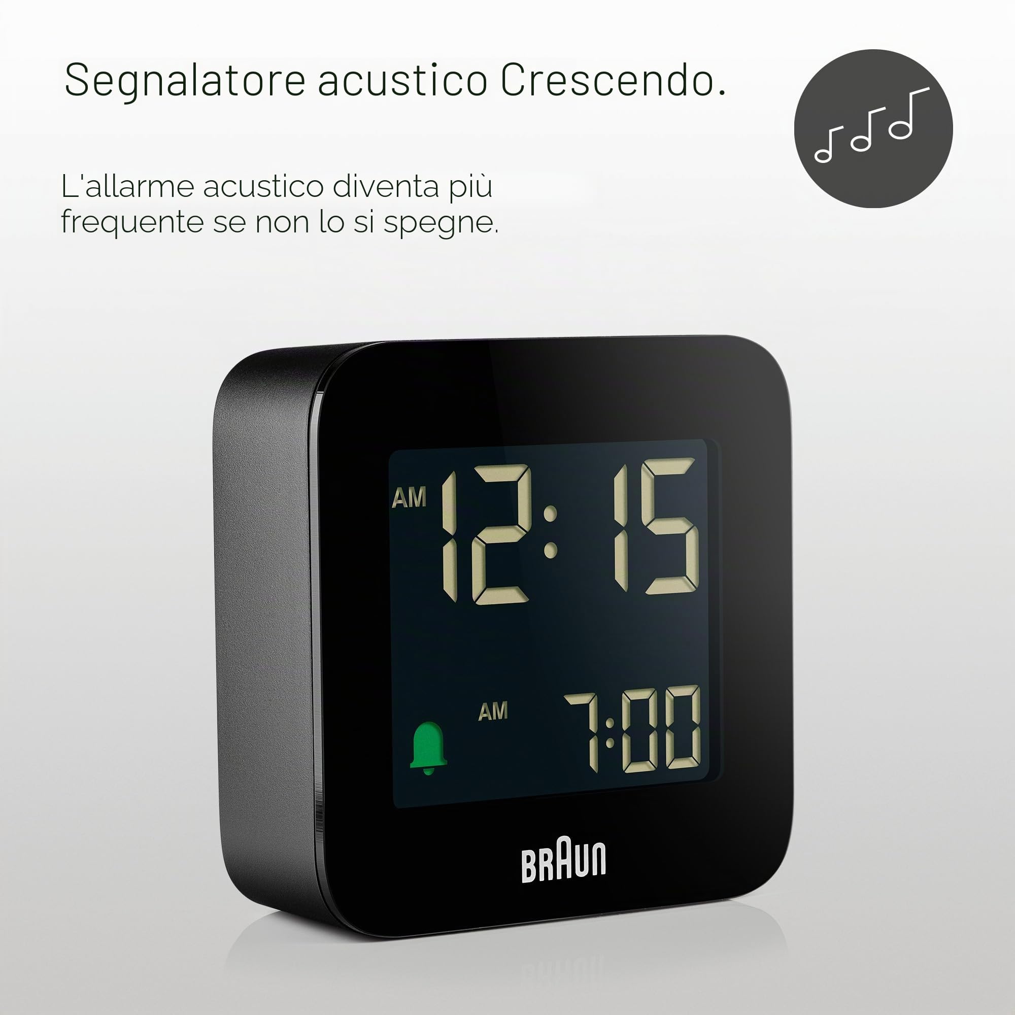 Braun Sveglia Digitale da Viaggio con Snooze, Dimensioni Compatte, Display LCD Negativo, Impostazione Rapida, Sveglia Bip Crescendo in Nero, Modello BC08B.