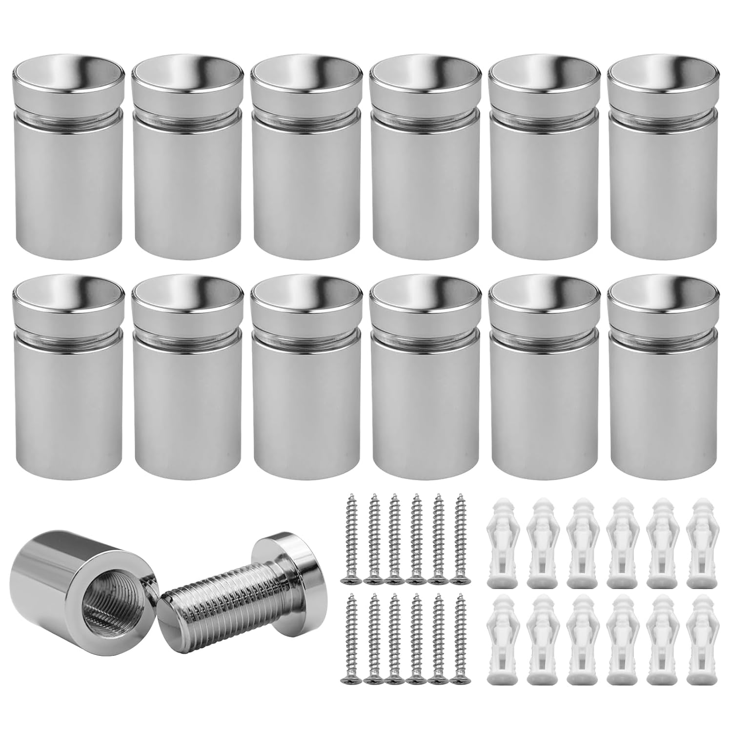 5/8” x 3/4” Inch 12PCS Aluminum Solid Sign Standoff Screws for Acrylic Advertising Screw wall Fixing standoffs mounts Glass Display Signs (Polished Chrome Color)