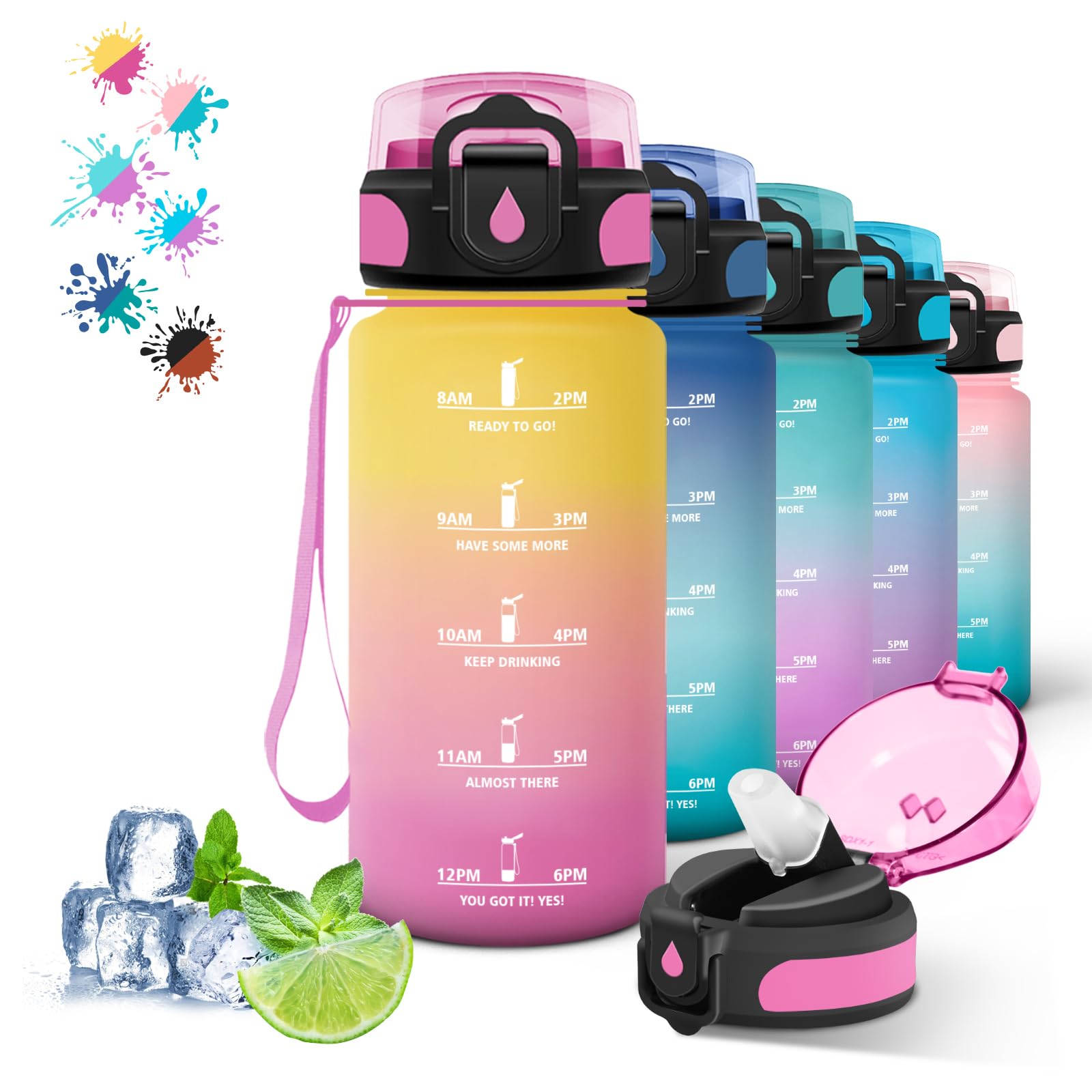 Grsta 500ml Kids Water Bottle Motivational Water Bottle with Straw School Water Bottle with Time Scale Easy Clean Leakless Sports Water Bottle for Travel Camping Yellow-Pink