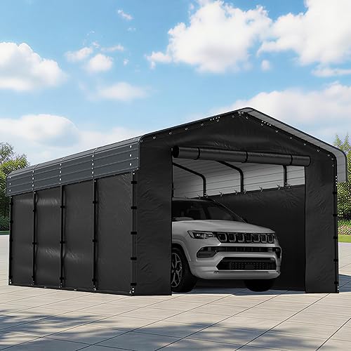12x20FT Heavy Duty Metal Carport,Outdoor Garage with Removable Sidewalls & Doors, Heavy Duty Steel Frame and Galvanized Roof for Cars and Boats, Gray