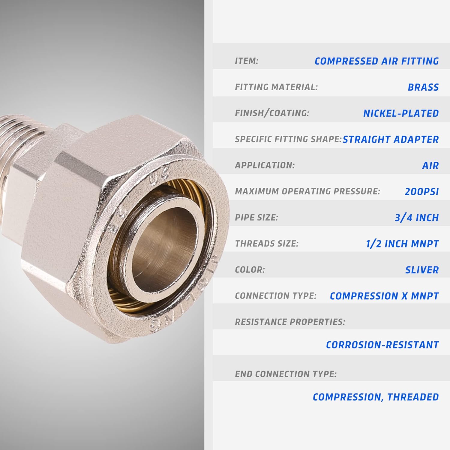 3/4’’ Straight Air Piping Fittings, 3/4’’ x 1/2’’ Male NPT Threads Adapter Fittings, Seal Taped Needed, Brass-Nickel Plated, 2PCS For Shop Compressed Air Line System - Image 2