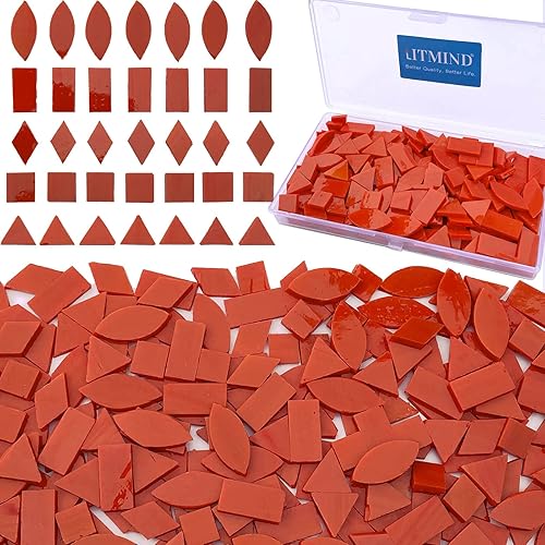 LITMIND Kit de Azulejos de Mosaico de Vidrio Manchado Rojo Naranja para Manualidades - 240 Piezas, 5 Formas Mixtas (Rectángulo, Triángulo, Rombo,