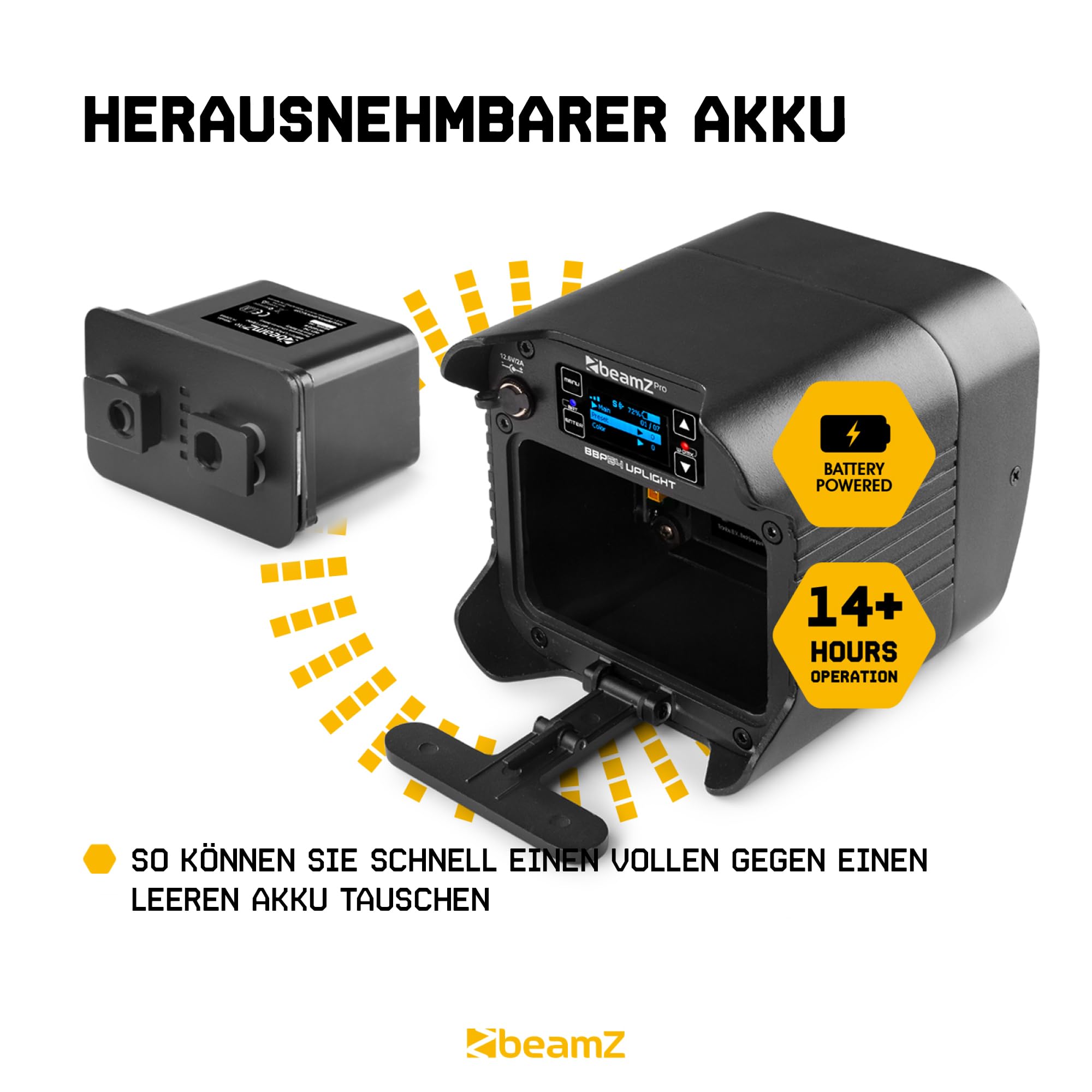 BeamZ Professional BBP54 Uplight 4er Set, Akku LED Strahler 4x12 Watt, DMX, IP65, RGBAW-UV Schwarzlicht, 15h Akkulaufzeit, Akku tauschbar - Schwarz