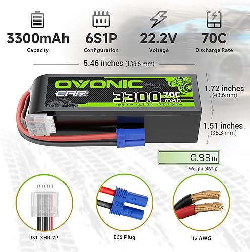 Miniatura 2 de OVONIC Batería Lipo de 22.2V 70C 3300mAh 6S con enchufe EC5 para RC coche, barco, camión, helicóptero, avión, carreras, modelos