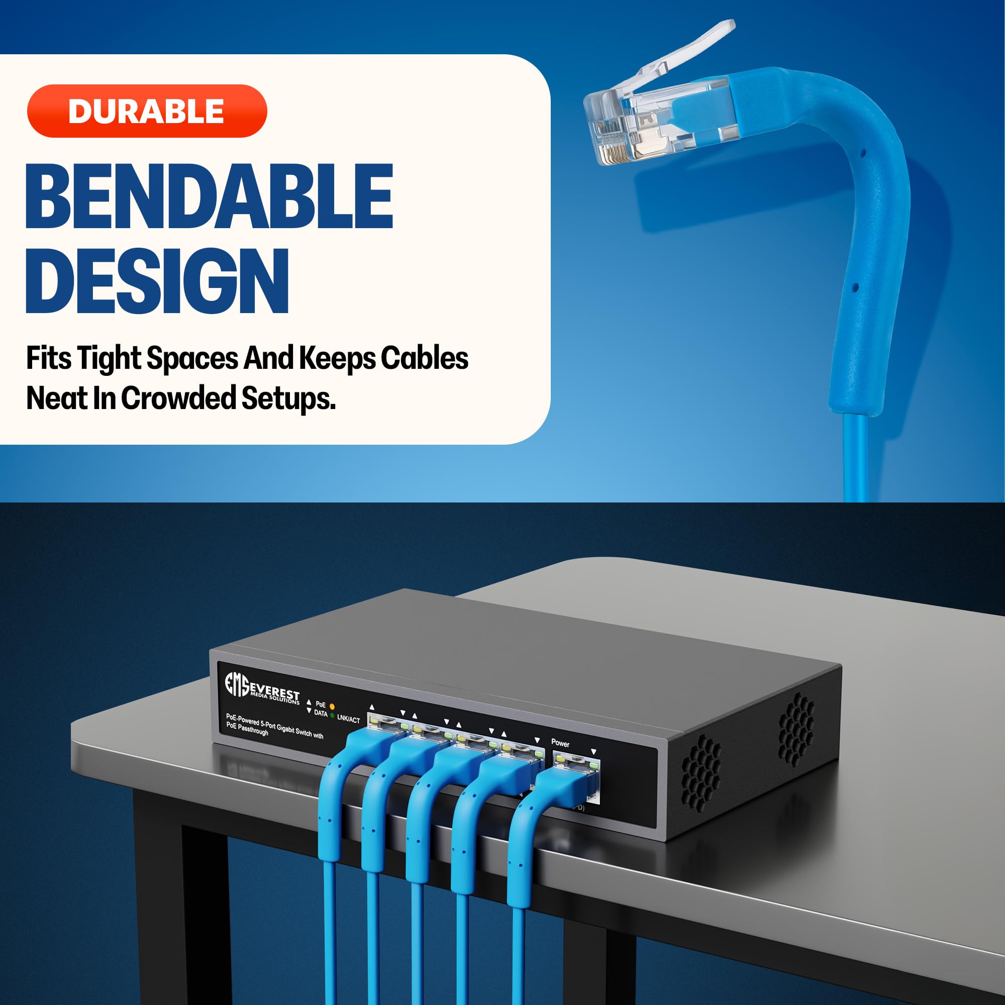 Everest - Cables de conexión Ethernet Cat6a ultradelgados de 10 pies (paquete de 24) - Cable de conexión Cat 6a de 10 GB - Cable Ethernet flexible, flexible y delgado - Cables Cat6a de 32 AWG 550 MHz