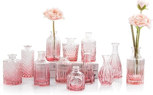 Juego de 12 jarrones de cristal rosa, mini jarrones vintage para centros de mesa, jarrón de cristal a granel para decoración de bodas, flores