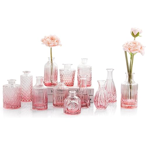Pink Glass Bud Vases Set of 12, Vintage Mini Vases for Centerpieces, Glass Bud Vase in Bulk for Wedding Decor, Single Flowers, Office and Home Table Flower Décor