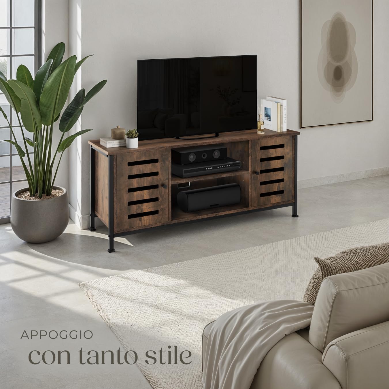 tectake 801106 Mobile da TV Carlow, 2 ripiani con porta, Piedi in plastica regolabili in altezza