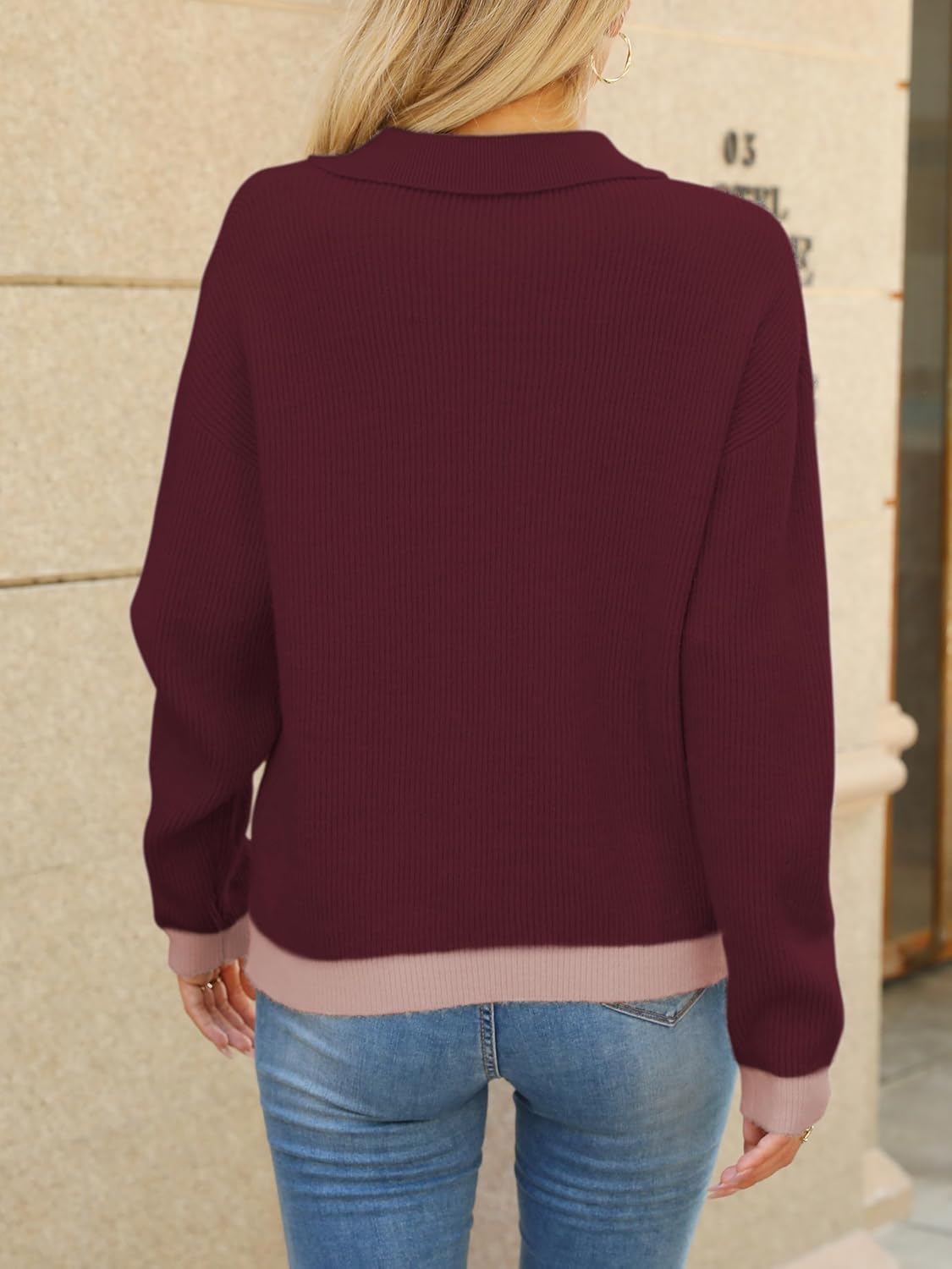 Collared Sweaters for Women V Neck Long Sleeve Pullover Sweater Lightweight Loose Ribbed Knit Polo Shirts Jumper Top - Image 4