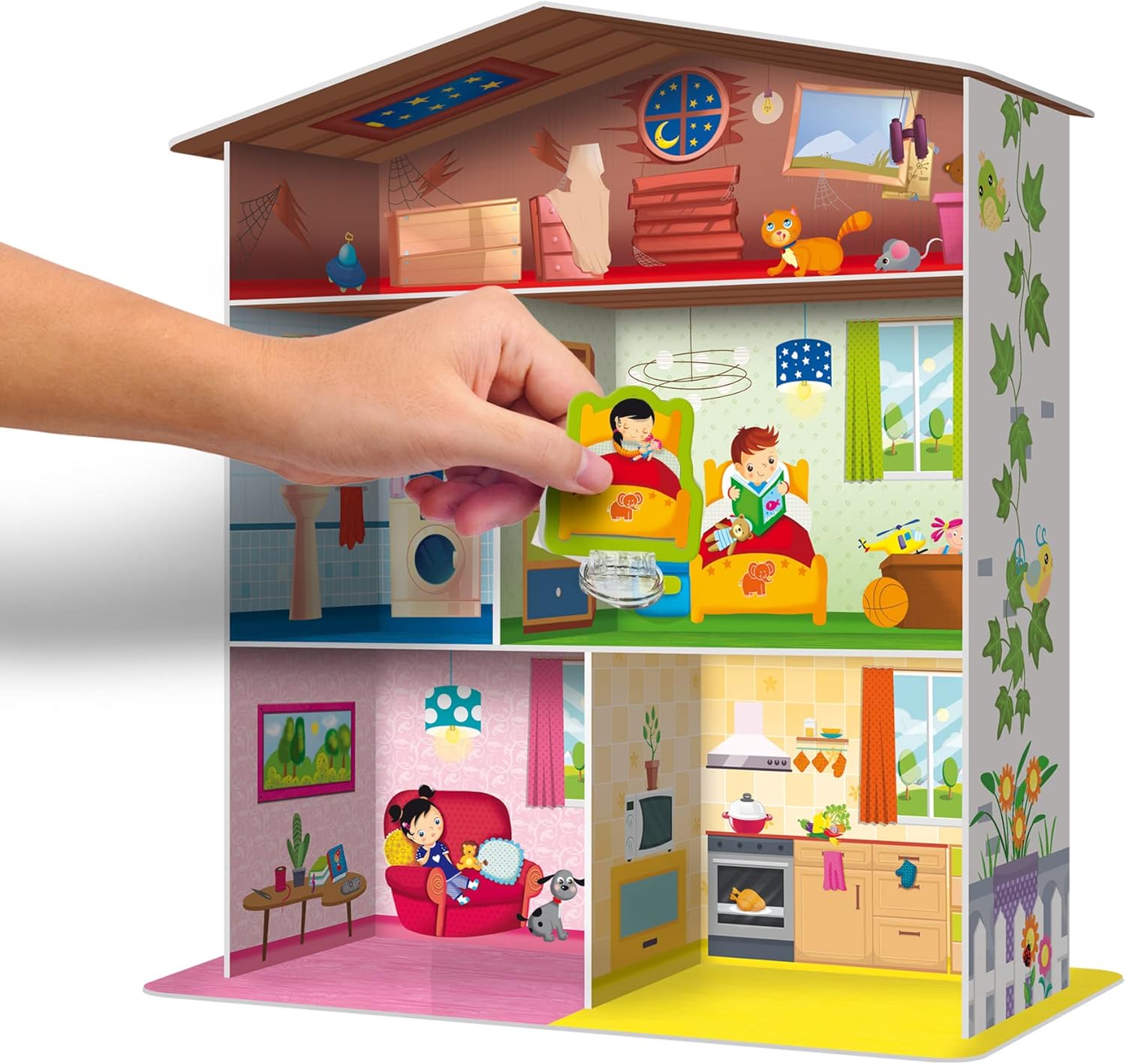 A hand placing a molded bed element into the bedroom of the Liscianigiochi Montessori Maxi My House