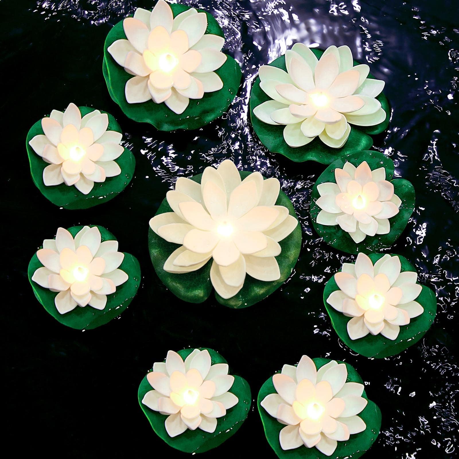 Hortsun 9 Pcs Floating Lotus Lights with Batteries Lily Pads Pool Flowers Floating Candles Decor Artificial Pond Plants Decorations for Pool Pond Outdoor Indoor (White,Yellow Light,3.94/5.91 Inch)