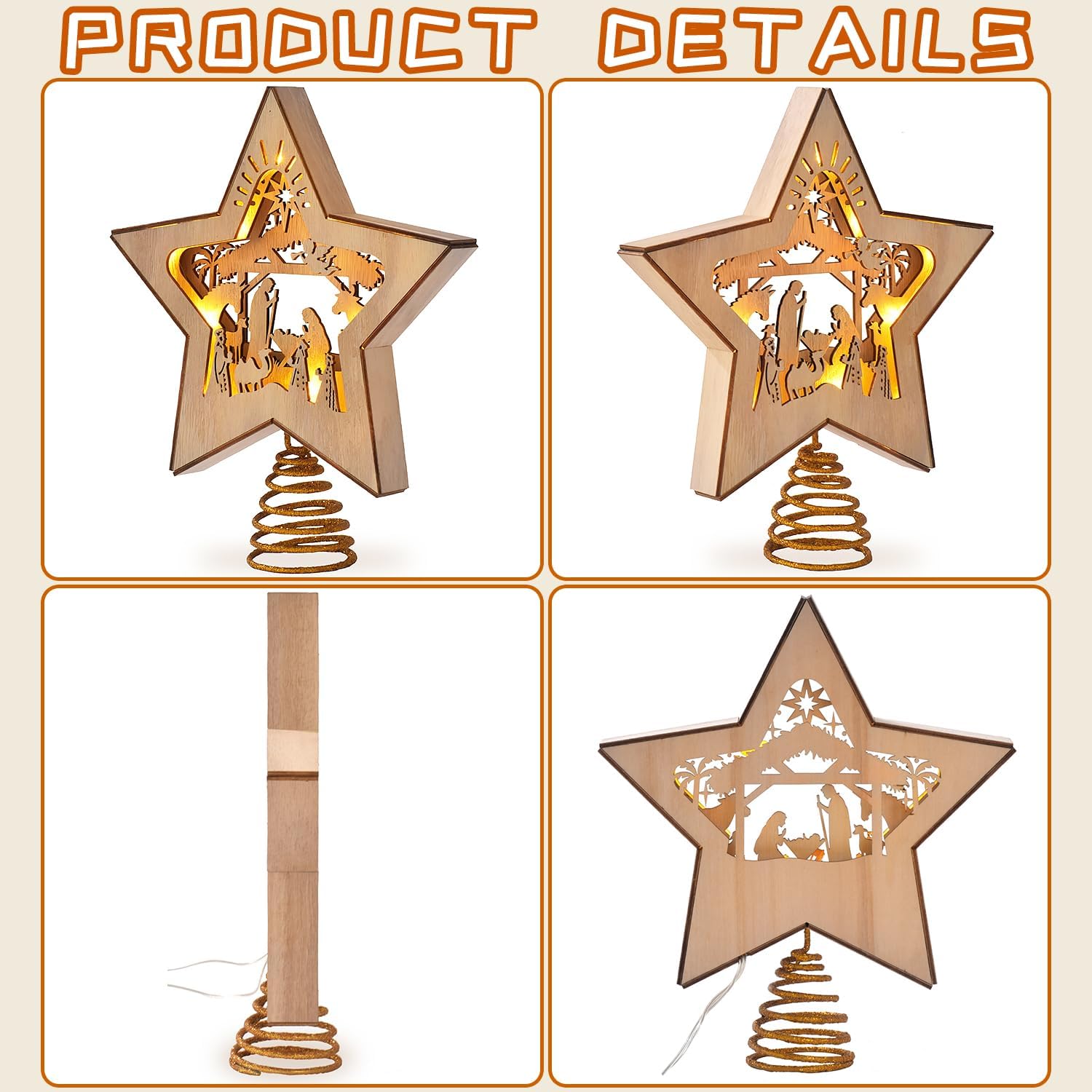 GHOSTMAGIC 3D Wooden Nativity Christmas Tree Star Topper Lighted, LED Xmas Decor Ornaments for Indoor