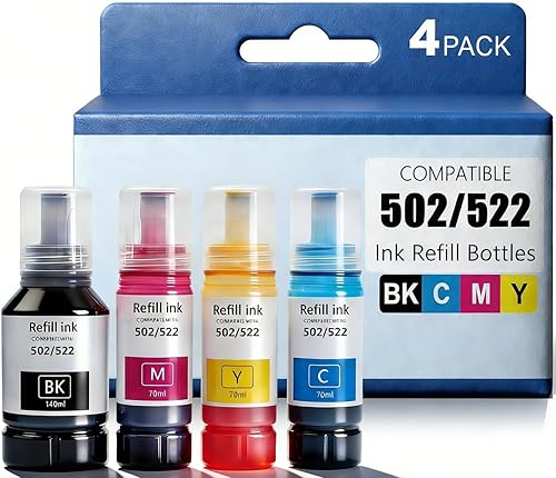 Tinta de recarga compatible con botellas de repuesto de tinta Epson 522 502 para ET-2800 ET-2803 ET- 2720 ET-2760 ET-3760 ET-3750 ET-4800ET-3710