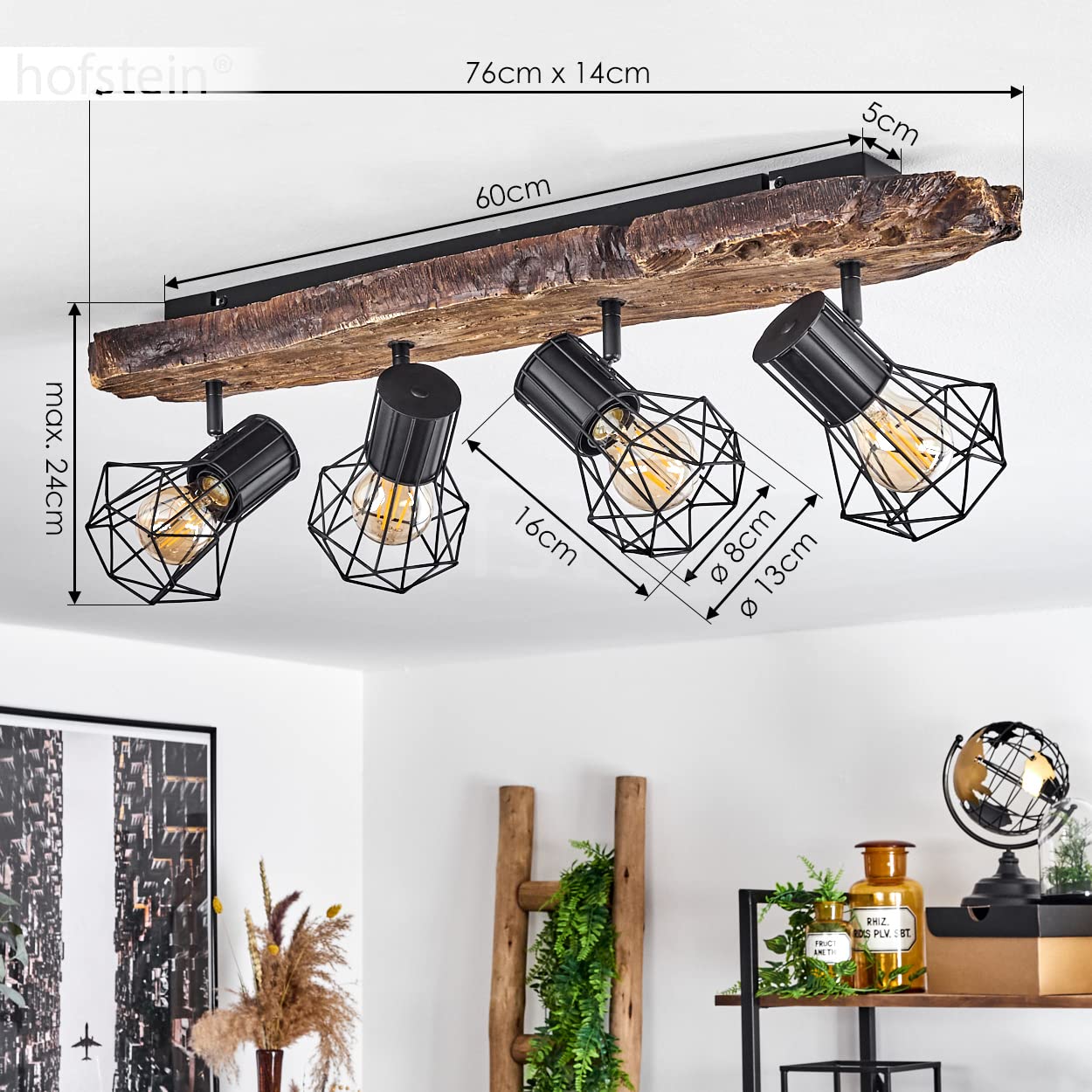 HOFSTEIN Deckenleuchte Bardhaman, verstellbare Deckenlampe aus Metall in Schwarz/Holzoptik, Leuchte im Industrial/Retro/Vintage-Design mit Lichteffekt, 4 x E27, Wohnzimmer, Esszimmer, Schlafzimmer
