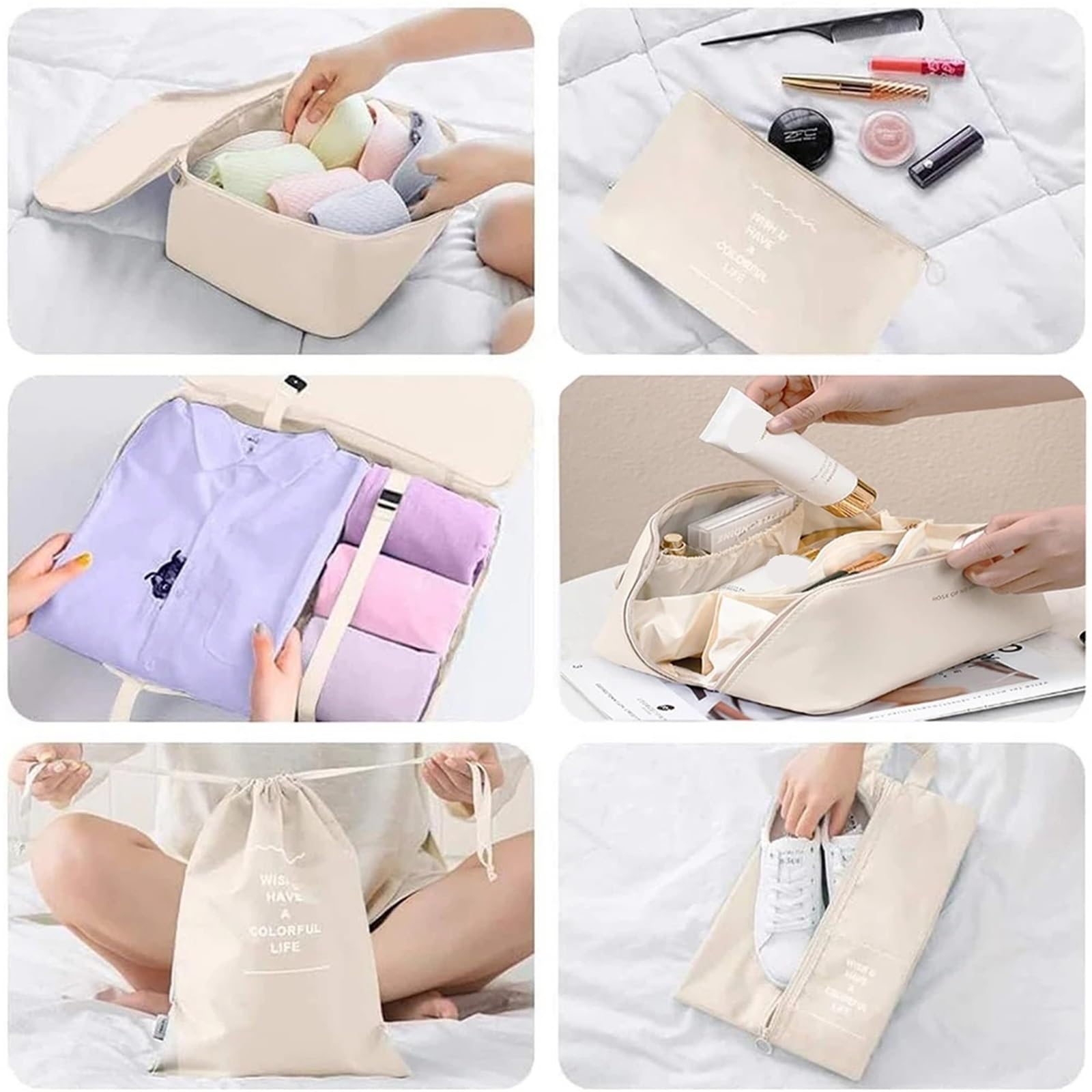 Set di 8 organizer for valigie da viaggio impermeabili, for riporre oggetti essenziali, vestiti, scarpe e cosmetici(White)