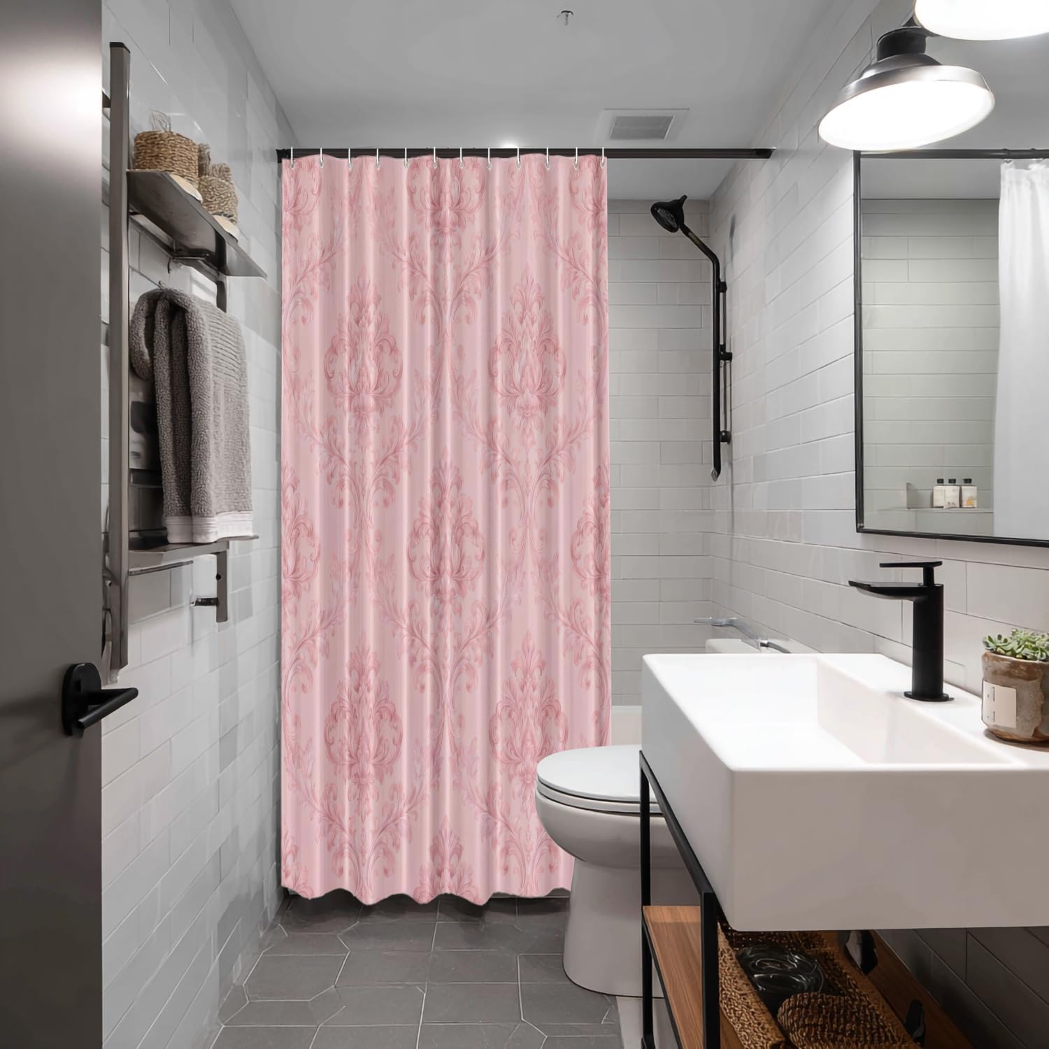 Batmerry Pink Classic Floral Decor Shower Curtain,Pink Chic Elegant Damask Floral Bathroom Decor Polyester Plastic Rings Quick-Drying Waterproof for Bathtubs/Bathroom, 72x72 inches