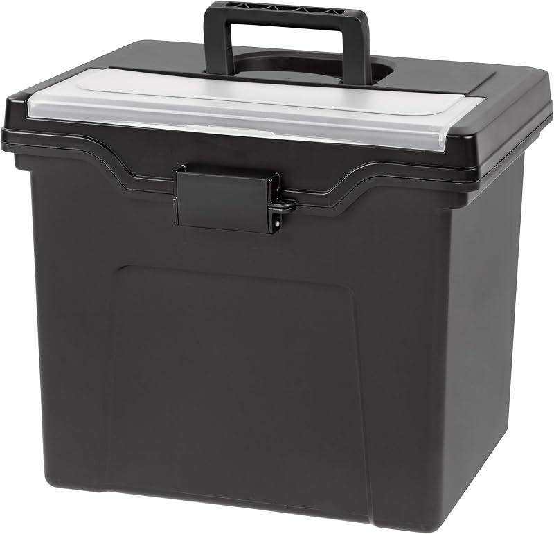 IRIS USA File Box Organizer with Lid, Letter File, Portable Handle, Black | Carry letter size files, documents and paperwork with a portable handle and secure lid for organized storage on the go