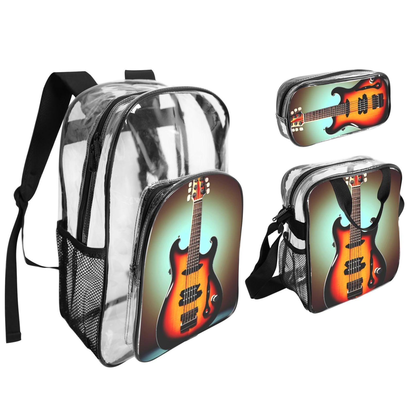 Gitara basowa muzyka instrument muzyczny nadruk przezroczysty lekka 3-częściowa torba na lunch Combo przezroczysty plecak zestaw szkolny podróż
