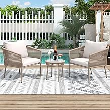BRISHI Braid & Rope Garden Patio Seating Chair and Table Set Outdoor Balcony Garden Coffee Table Set Furniture with 1 Table and 2 Chairs Set with Cushion (Beige and White), 61 cm, 81.3 cm
