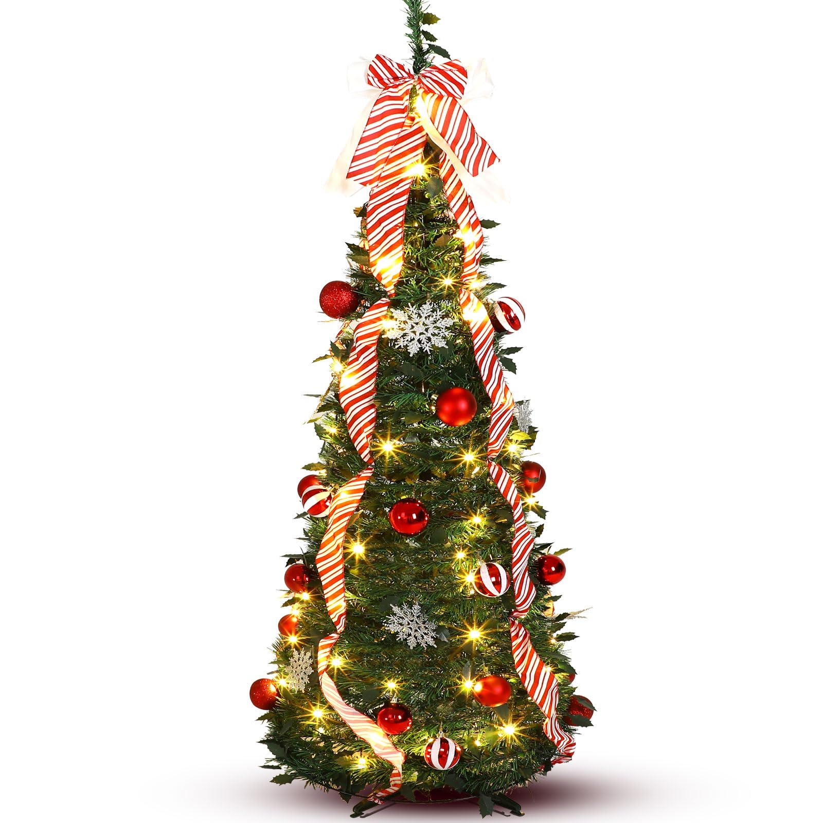 1 Set 5ft Pre-lit Pop up Christmas Tree with Lights Xmas Artificial Collapsible Christmas Tree Pencil Tree for Holiday Party Garden Home Decor