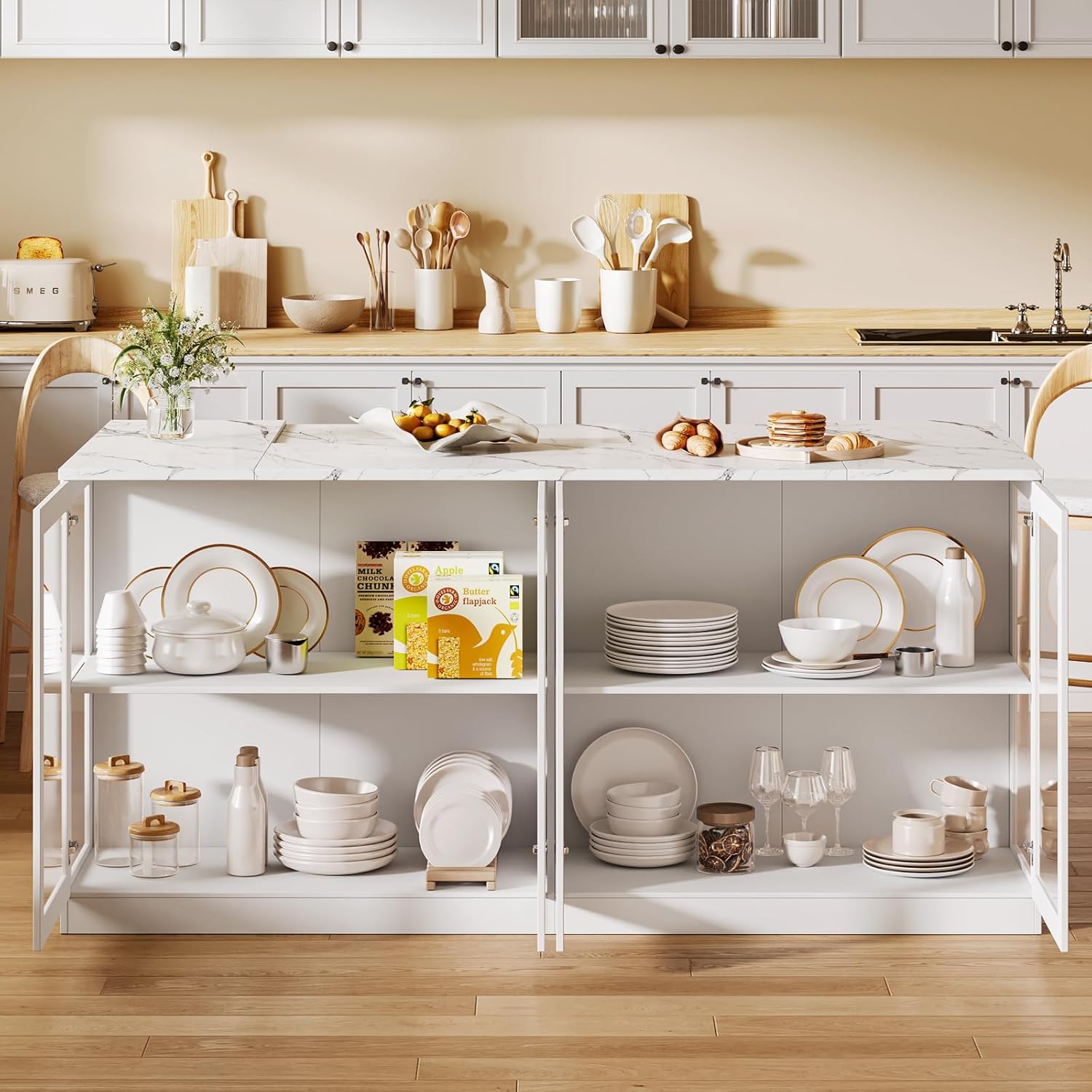 78.7" W Stationary Kitchen Island with Storage and LED Light,Large Island Storage Cabinet with Glass Doors, 6 Shelves & 3 Drawers，Island Table for Kitchen Dining Room, White & Stone Grain