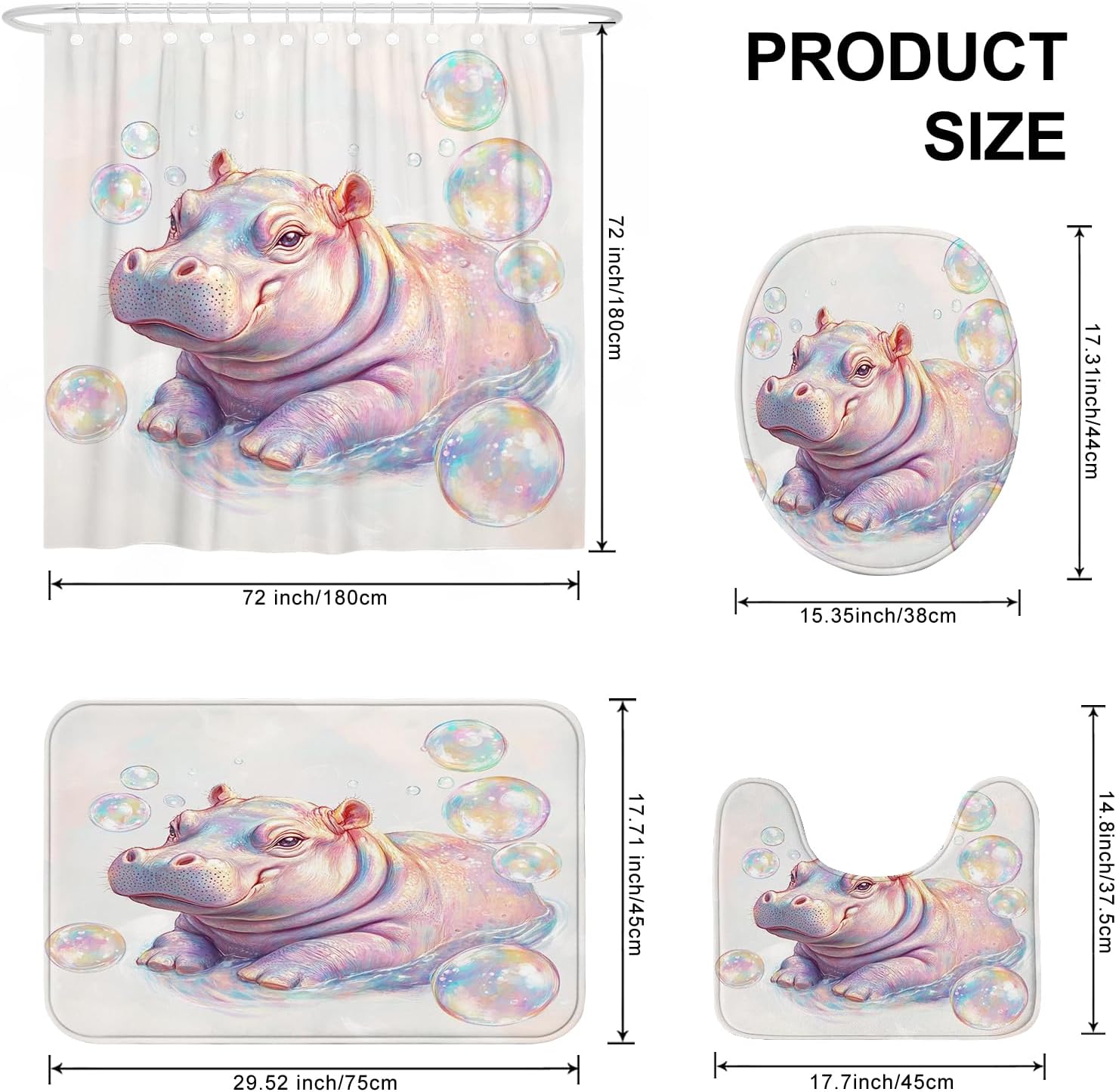4PCS Funny Cute Hippos Bathroom Accessory Sets with Non-Slip Rug, U Shape and Toilet Lid Cover Mat, Bubble Sea Ocean Underwater Bathroom Fabric Decor-72''x72''