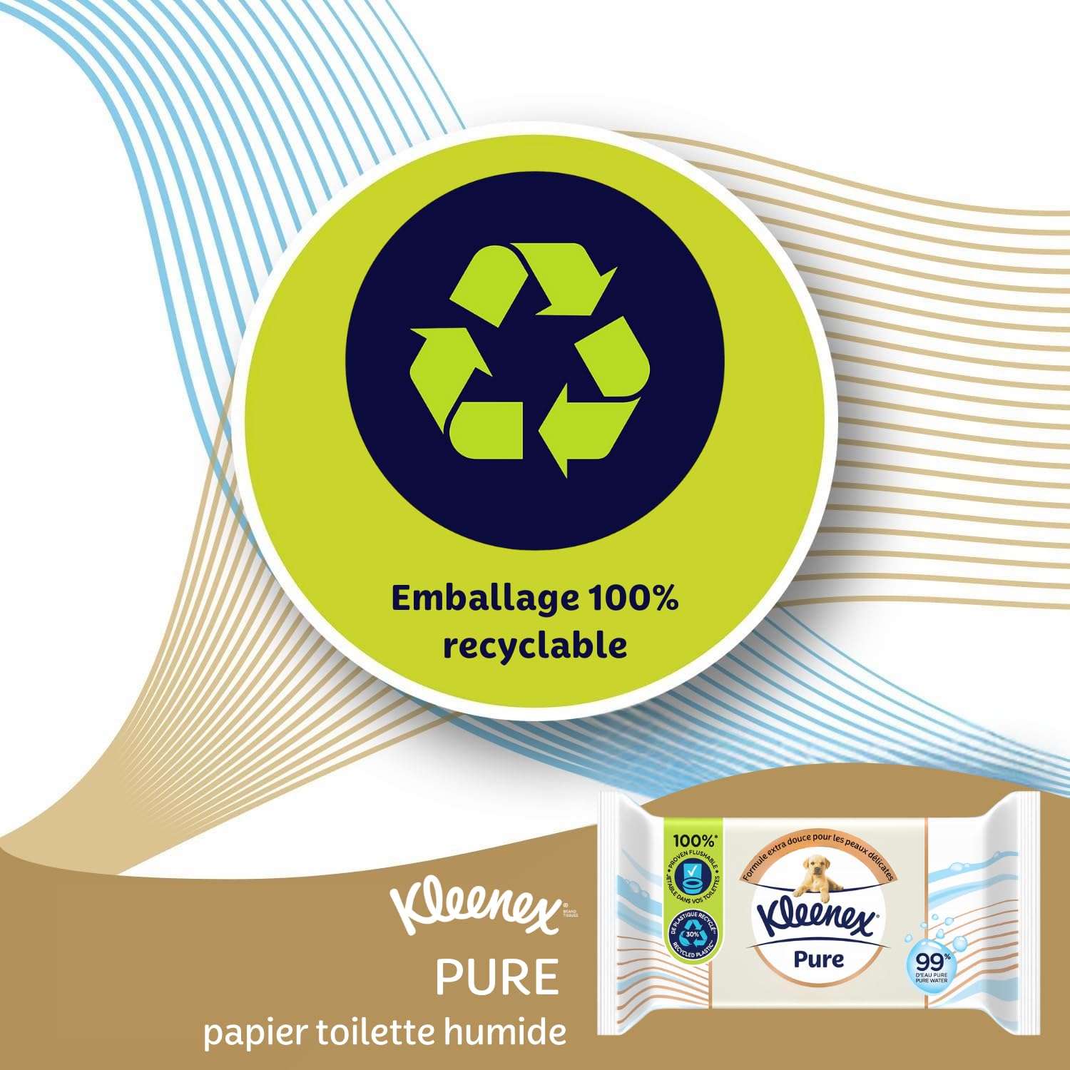 KLEENEX Pure - Papier Toilette Humide (12 paquets de 38 feuilles) - double épaisseur - jetable dans les toilettes - sans plastique - sans parfum - sans alcool - emballage recyclable