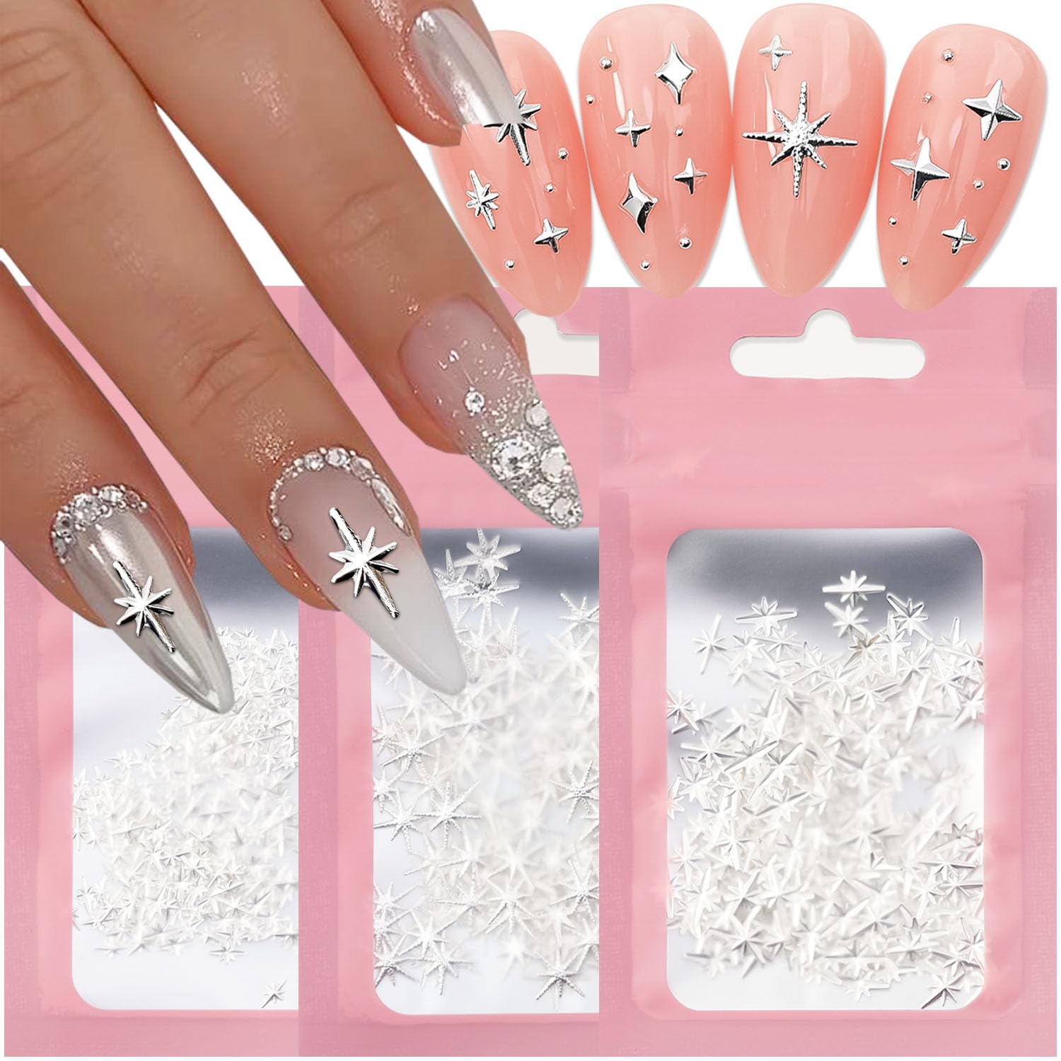 Star Nail Charms for Nail Art Laser Silver Star Nail Rhinestones Glitter Star Nail Art Design Jewelry and Gems DIY Manicure Decoration Charms Supplies