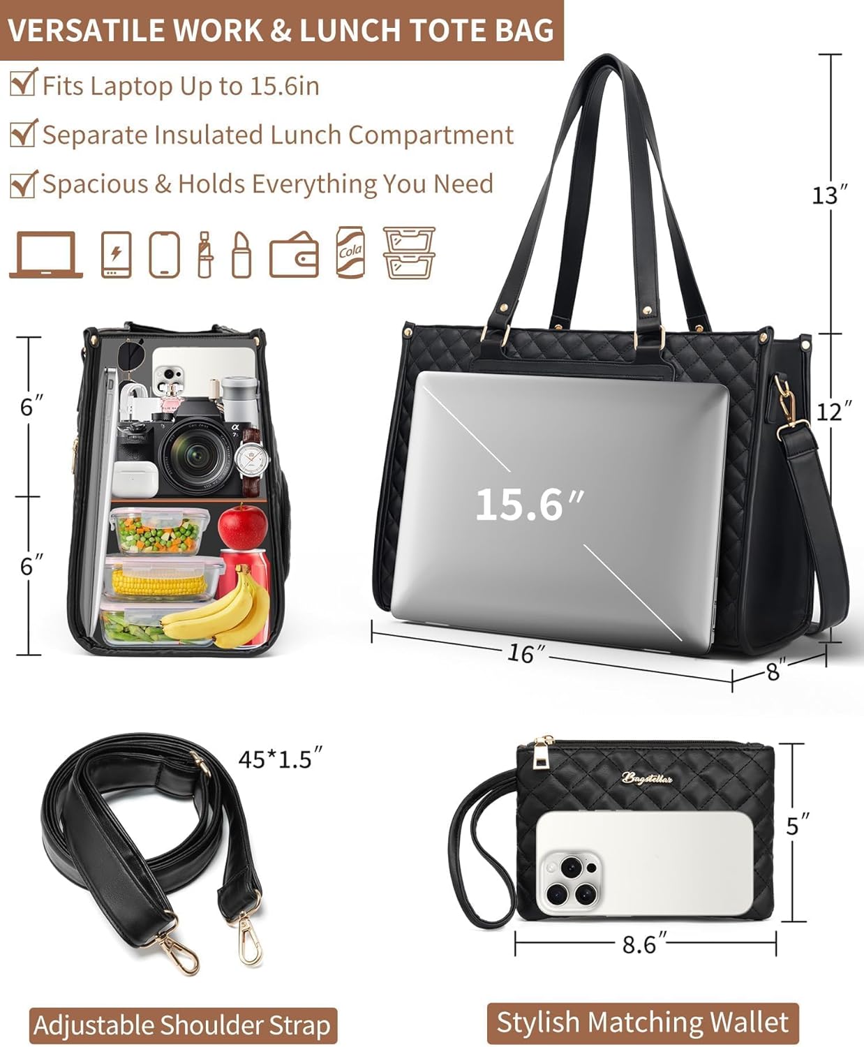 Lunch Tote Bag for Women, 15.6 Inch Laptop Work Bag with Insulated Lunch Box Compar... - Image 2