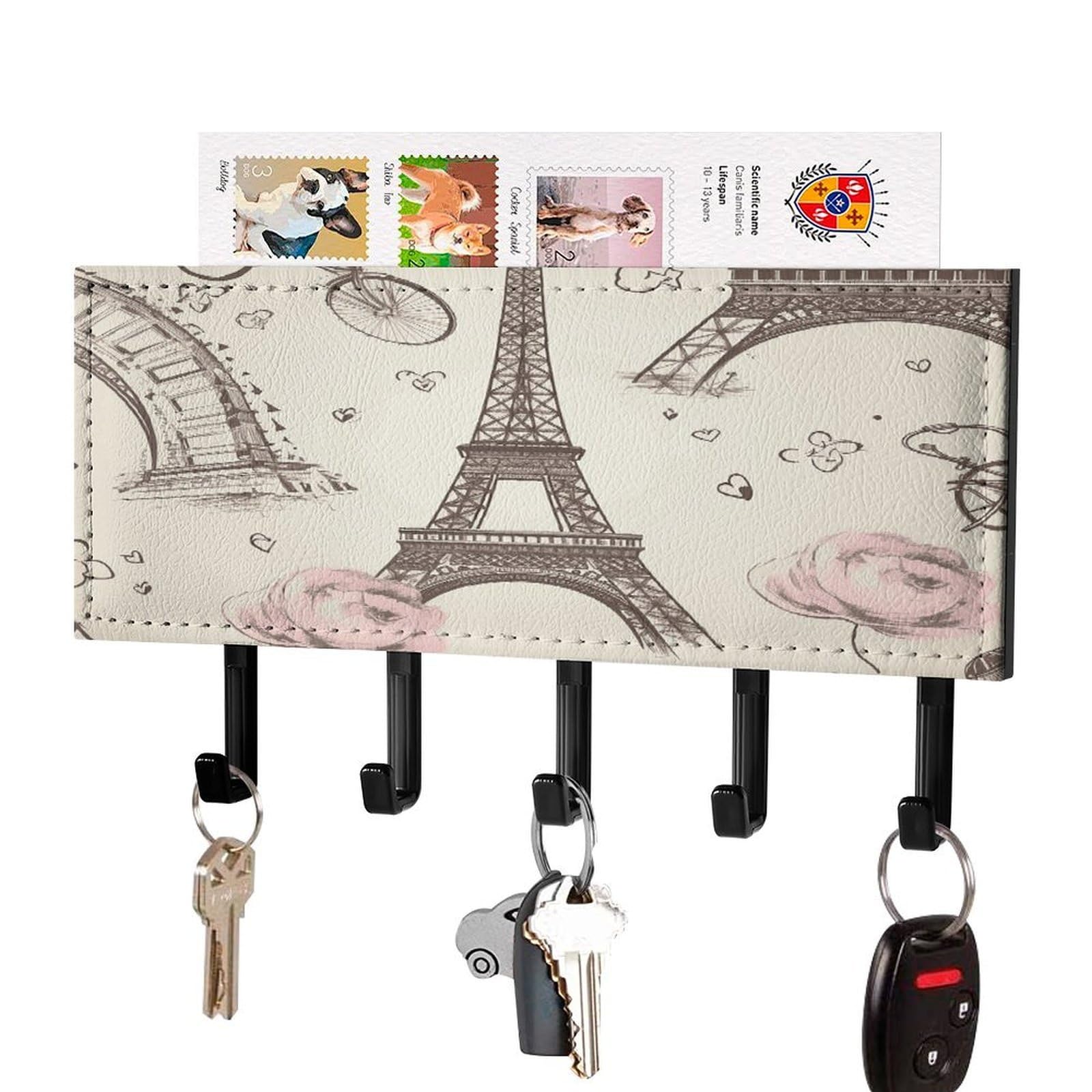 LDGSUPH The Eiffel Tower and A Bicycle Key Holder Wall Mount Key Hanger with 5 Hooks Fashion Key Organizer Rack Hanging Key Hooks with Mail Organizer Key Rack for Home Entryway Hallway Black-Style