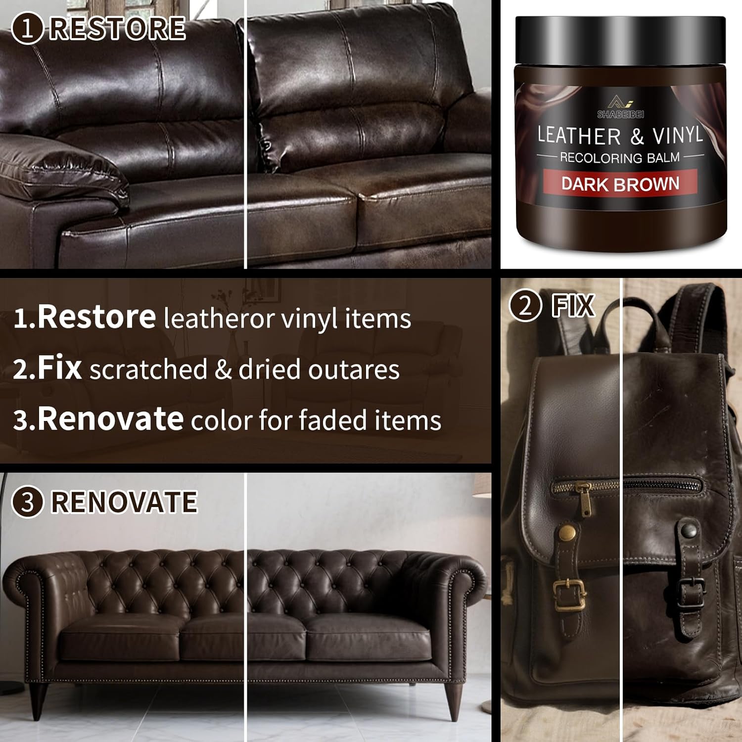Leather Recoloring Balm and Scratch Repair Kit, Dark Brown Leather Restorer for Couches, Furniture, Car Seats, Leather Paint & Stain for Sofa, Chairs, Bags, and More - Image 3