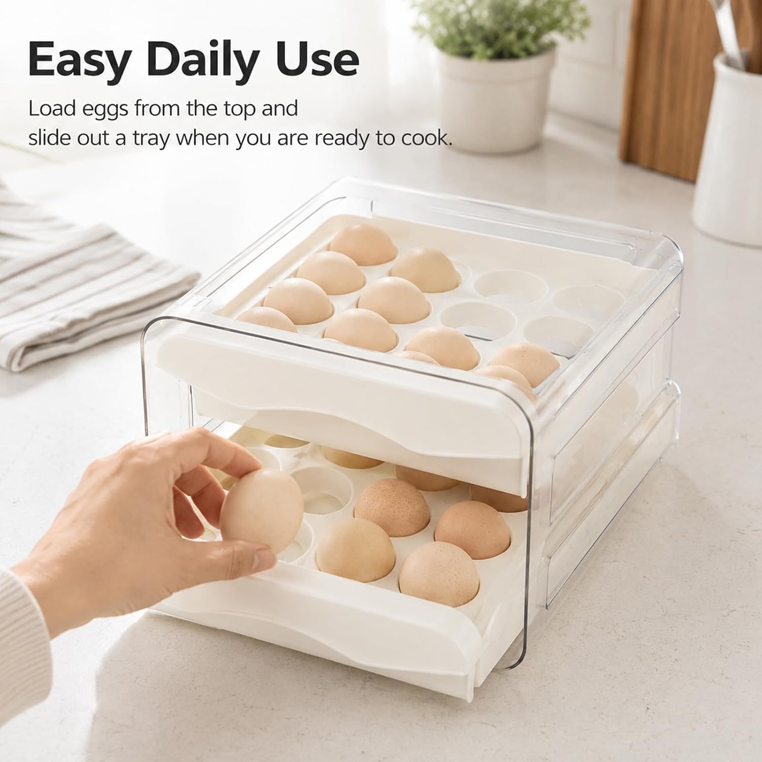 2-Tier Clear Egg Holder for Fridge, Egg Container for Refrigerator, Holds 32 Eggs, Stackable Space-Saving Egg Container Tray for Kitchen Storage & Pantry Organization