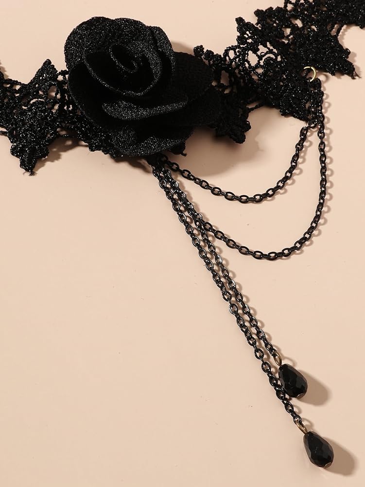 Collana Girocollo Gotica In Pizzo Con Fiore Nero - Gioiello Regolabile Donna, Accessorio Moda Vintage