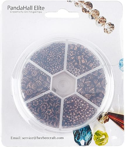 Miniatura 8 de PH PandaHall 410 cuentas espaciadoras tibetanas de 6 estilos, cuentas de joyería de cobre rojo, flores, copos de nieve, planos, redondos,