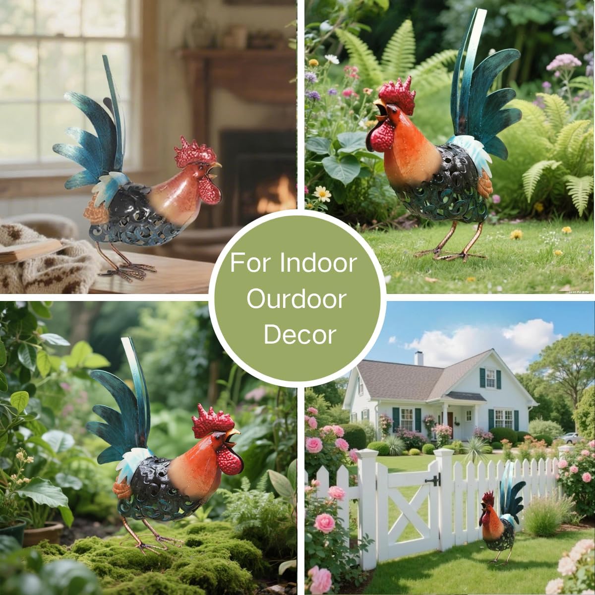 16.5" Whimsical Metal Rooster Garden Statue, Handmade Morning Crowing Rooster Sculpture with Green Tail Feathers, Rust-Resistant Iron Art for Yard, Farmhouse, Kitchen & Outdoor Decor