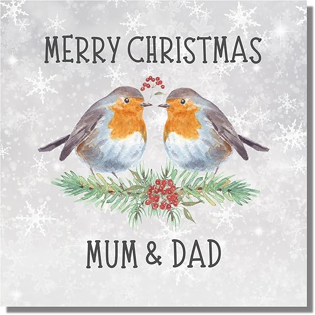 Tigers On The Loose Christmas Card for Mum and Dad, Two Robins Illustration with snowflake background, Merry Christmas Mum and Dad 6 x 6'' (14 x14), White