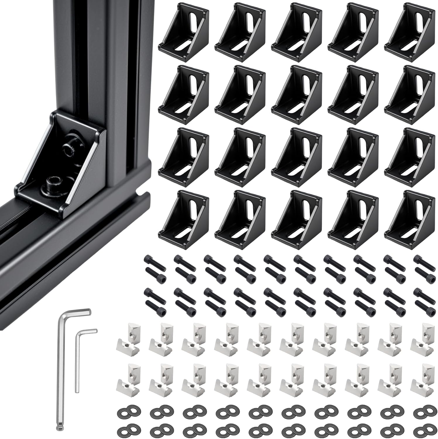 4040 Series Aluminum Extrusion Corner Brackets - 20 Sets Black 90 Degree Angle Connectors for 8mm T-Slot, CNC/Robotics Frame Accessories