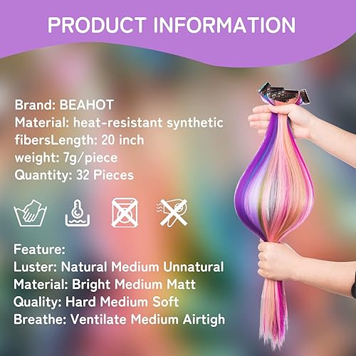 Miniatura 4 de BEAHOT - 32 extensiones de cabello con clip de colores  20 pulgadas de largo arcoíris lacio con clip sintético para Halloween cosplay fiesta de moda