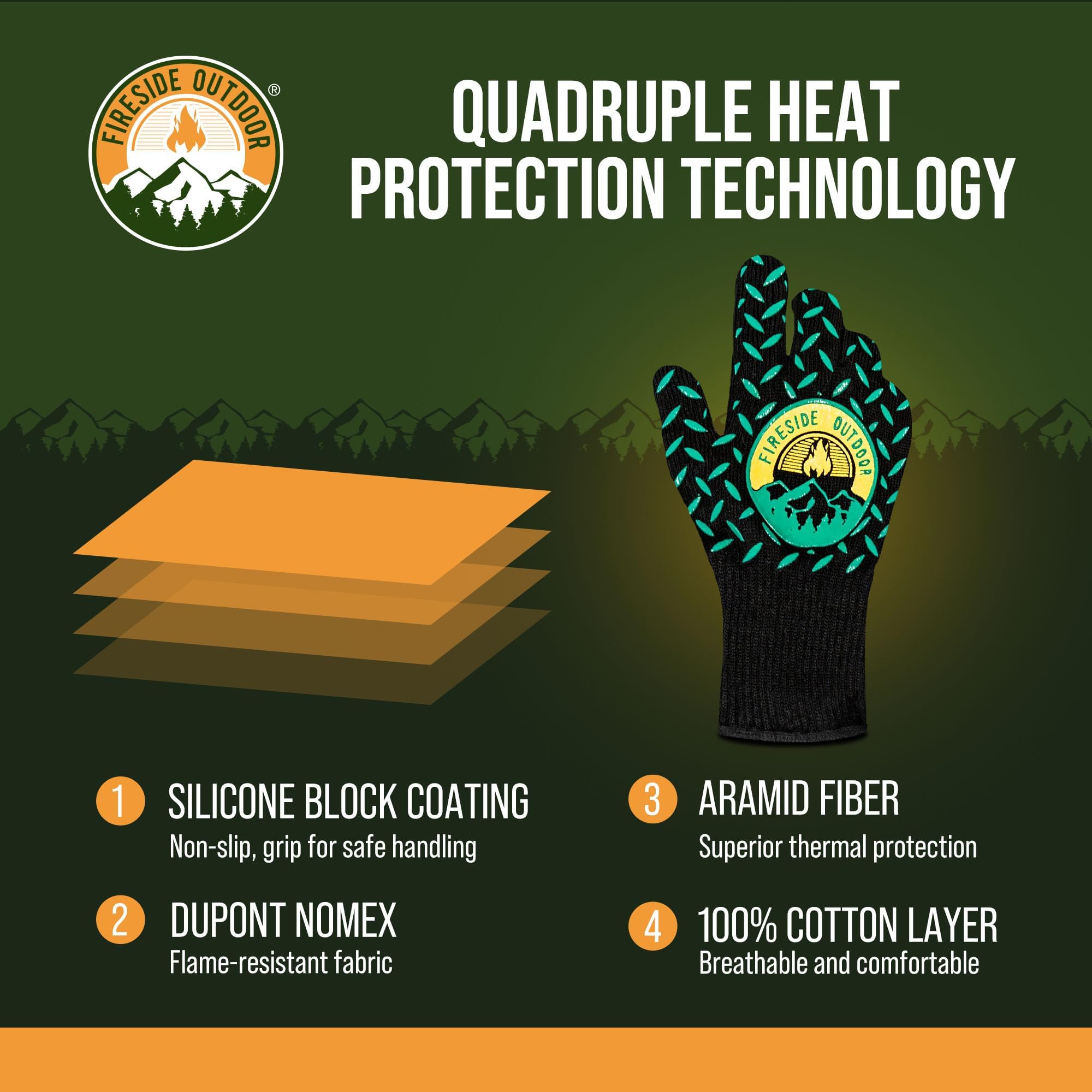 Fireside Outdoor Thermal BBQ Gloves Heat Resistant Cooking - Thermal Grill Gloves, Oven Mitts Heat Resistant, Oven Glove for Campfire Grilling, BBQ Mitts, Meat Smoking Accessories - 932°F Resistance