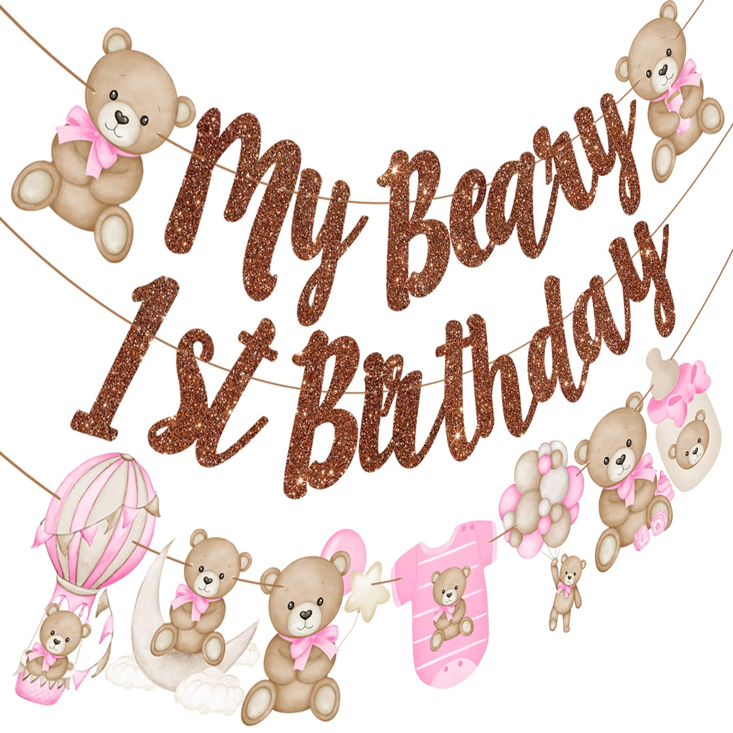 My Beary 1st Birthday Decorations - 3Pc Beary First Birthday Banners Pink Teddy Bear Party Supplies - Bear Theme 1st Banner for Girl Baby Shower Decorations